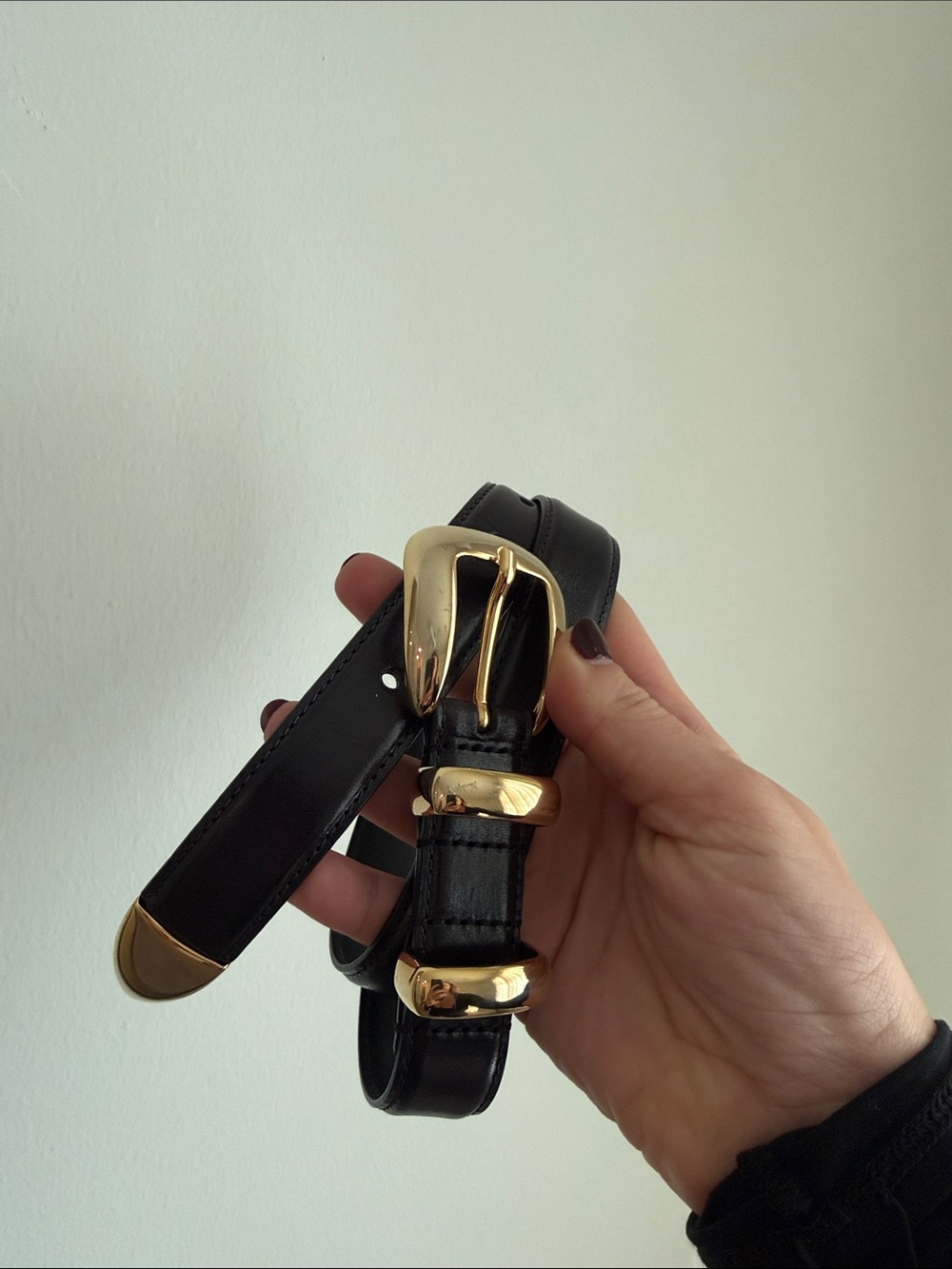 ALICE + OLIVIA Black Leather Belt with Gold Hardware